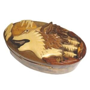 Handmade Wooden Howling Wolf Puzzle Trinket Box